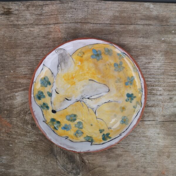 Hand painted ceramic decorative plate with fox