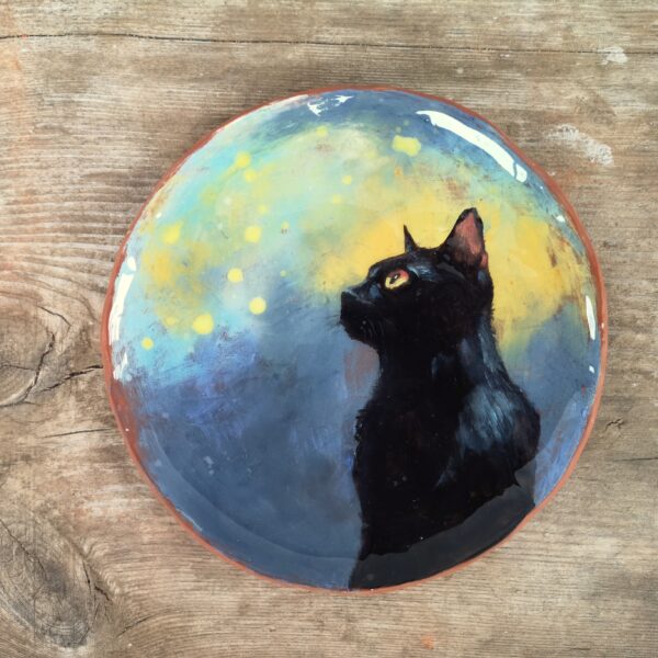 Hand painted ceramic decorative plate with black cat