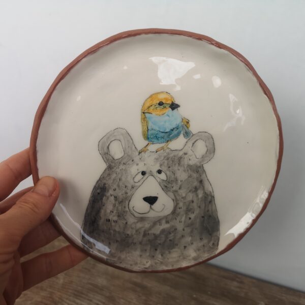 Hand painted ceramic decorative plate with bear and bird illustration - Image 2