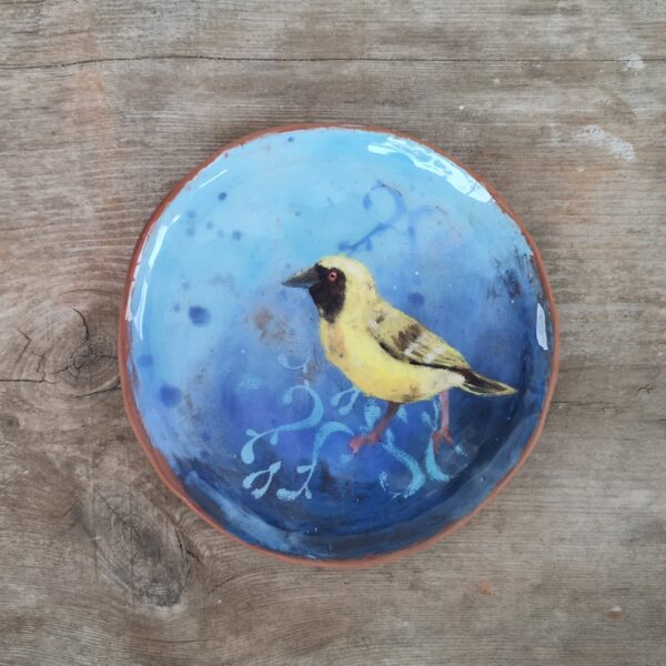 Hand painted ceramic decorative plate with bird