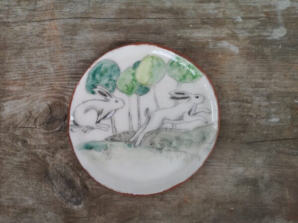 Hand painted ceramic decorative plate with rabbits - Image 2