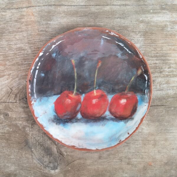 Hand painted ceramic decorative plate with cherries