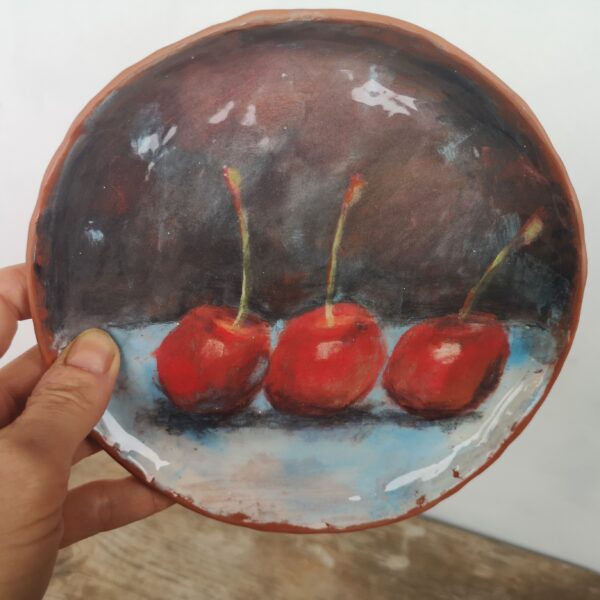 Hand painted ceramic decorative plate with cherries - Image 4